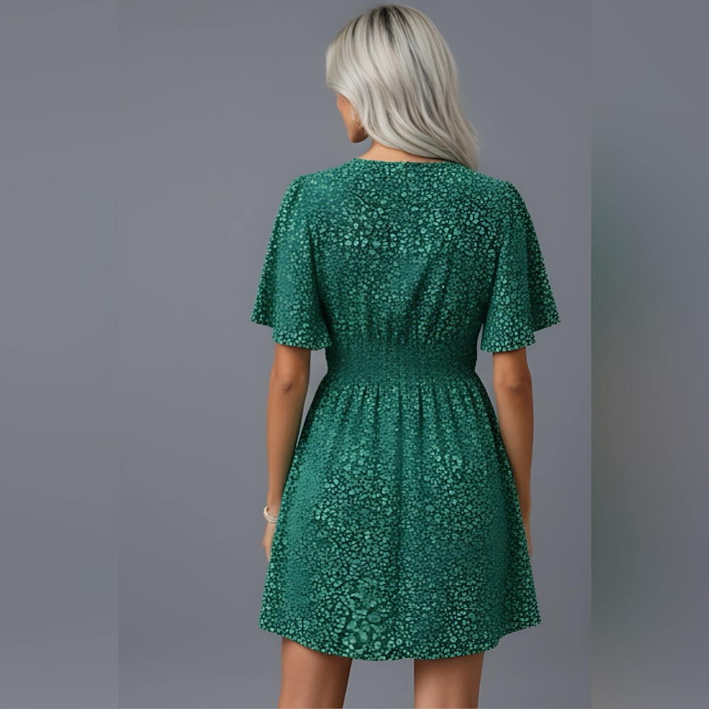 Green Floral Printed Ruffle Short Sleeve Dress - Picture 4 of 9